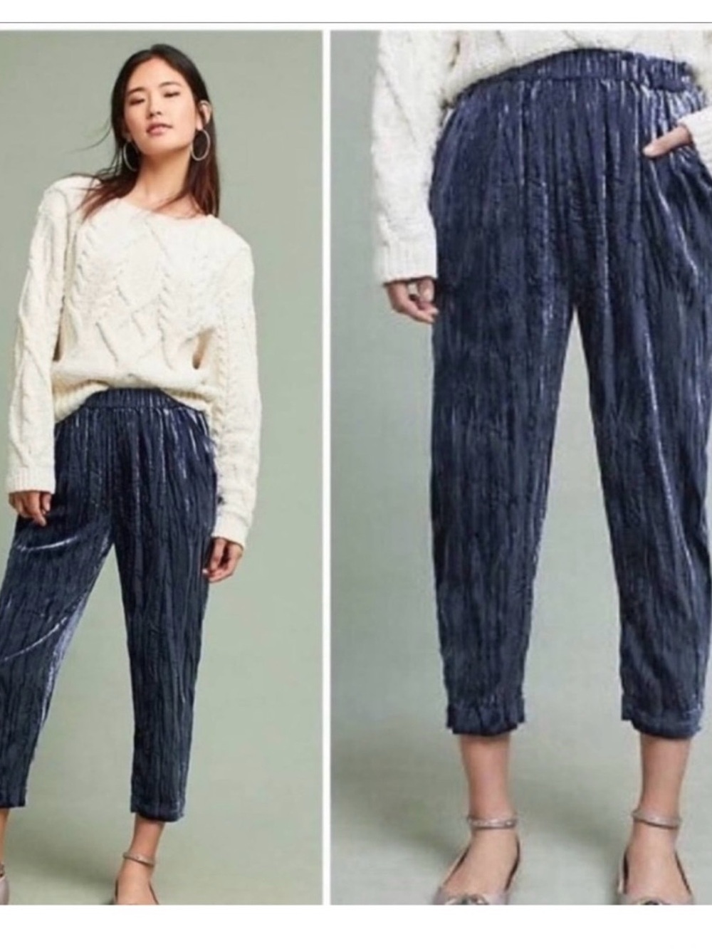 ANTHROPOLOGIE ETT:TWA VELVET CROPPED PANTS BLUE SIZE Small Lounge Comfy